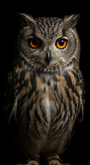 Majestic Owl Gaze: Intense Portrait of a Wise Bird of Prey, Glowing Orange Eyes Against Black, Birdwatching, Wildlife, Nature.