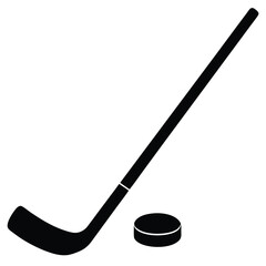 A hockey stick and puck icon black silhouette vector.