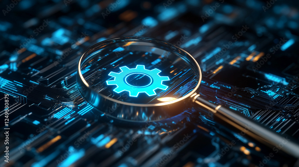Poster close-up view of a magnifying glass over a digital circuit board focusing on a glowing gear icon, sy