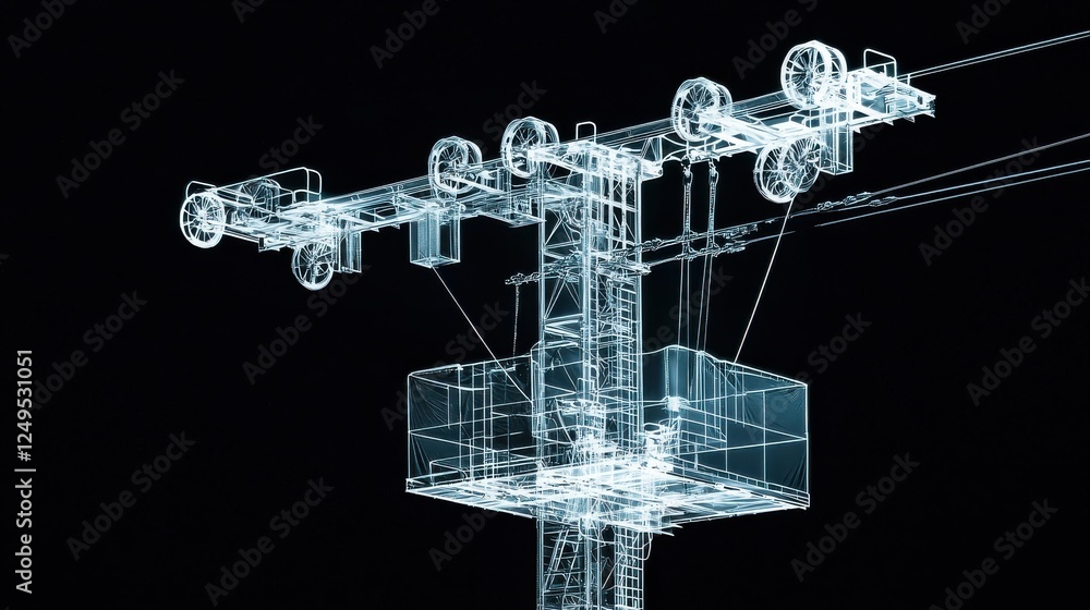 Poster abstract digital representation of a utility pole and electrical lines, rendered in a glowing white 