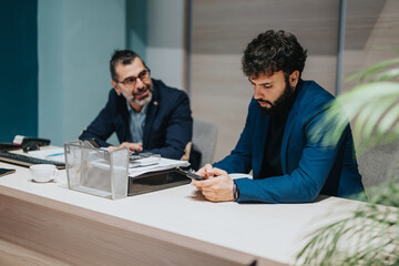 Colleagues collaborating at a shared desk, focusing on tasks in a contemporary office environment.