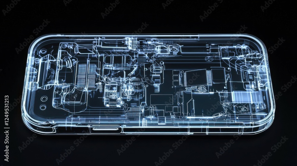 Poster detailed graphic representation of a device circuit board, translucent and glowing in a dark backgro