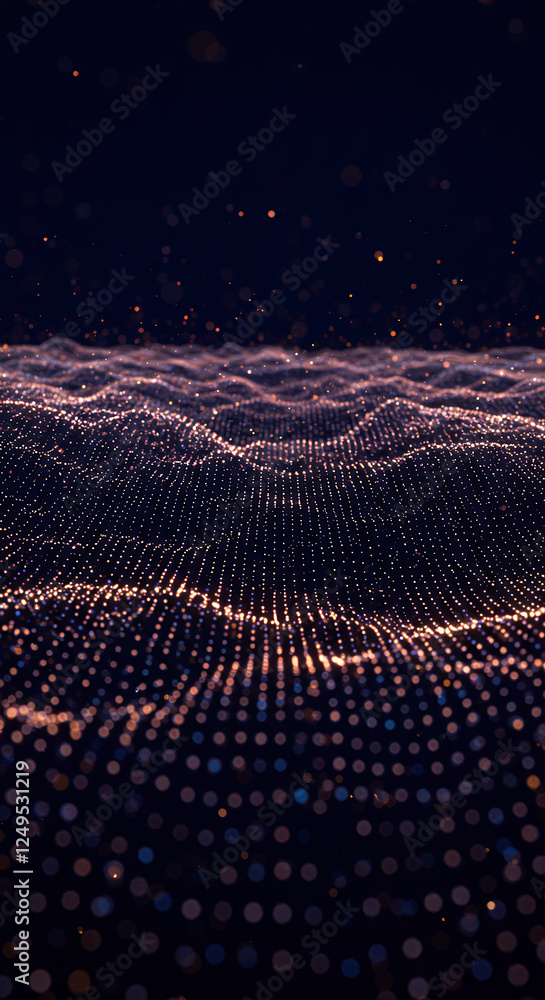 Poster golden data wave: abstract digital flow with glowing particles - tech, science, and futuristic backg