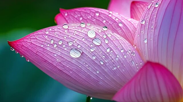 Close-up of pink lotus flower petal with sparkling dew drops on bright green background, delicate floral macro shot with soft natural light, spring summer floral video, morning nature beauty