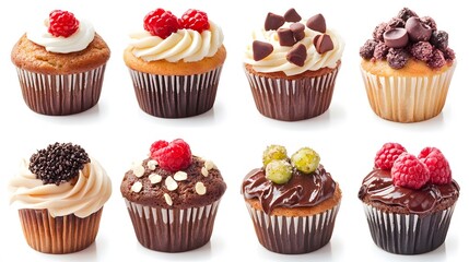 A set of freshly baked muffins, isolated against white