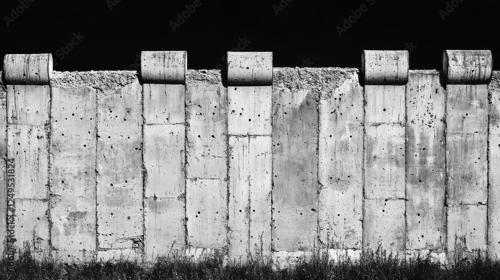 Poster black and white image of a series of rectangular concrete structures, arranged in a row, against a d