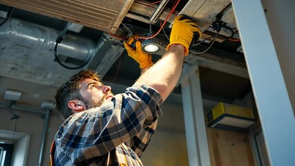 Electrician installing recessed lighting for home improvement project