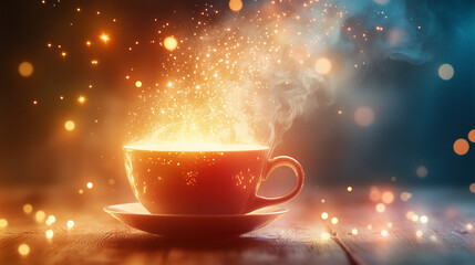 Fototapeta premium A coffee cup with steam forming into floating, glowing constellations