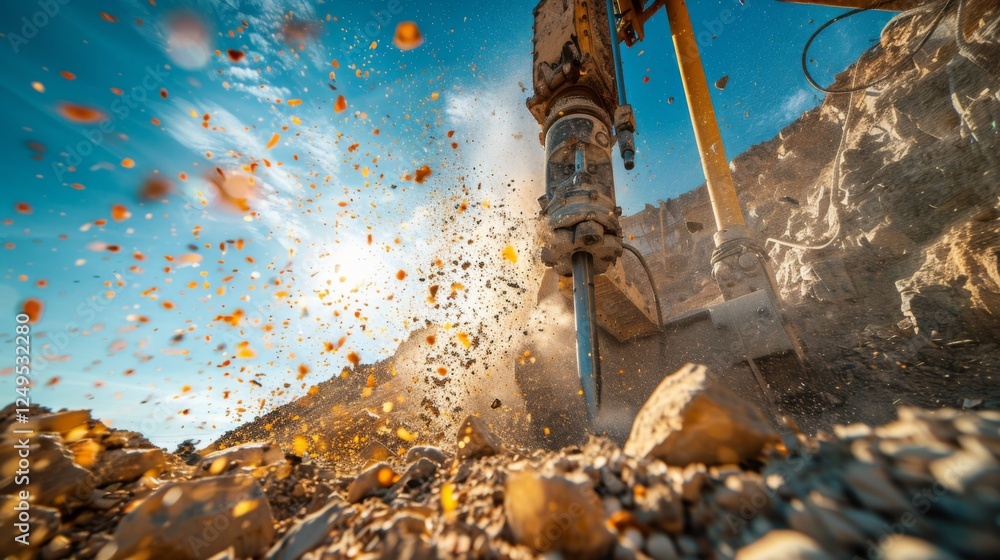 Poster construction activity is underway as a large drill breaks through rocky terrain, sending dust and de