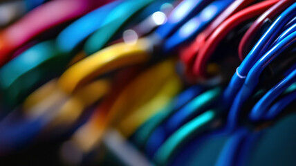 Close-up of colorful intertwined cables with motion blur effect creating abstract dynamic visual composition