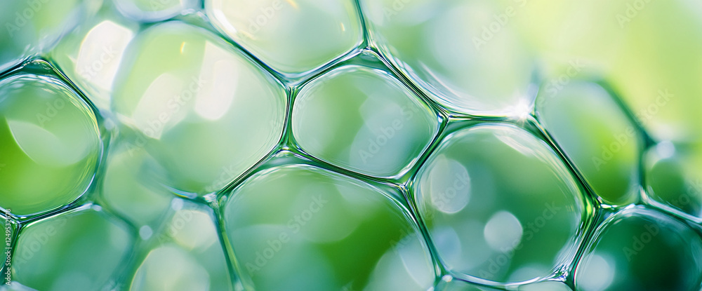 Poster close-up of soap bubbles with a soft green background. the image represents freshness, nature, and p