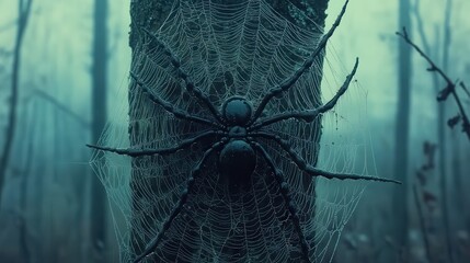 Giant spider web, misty forest, Halloween