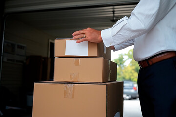 Close-up of the hands of a white man placing a box on top of other boxes to prepare a shipment against the backdrop of a family business warehouse