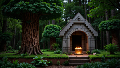 Obraz premium Mystical jungle temple glowing with treasure at twilight, adventure