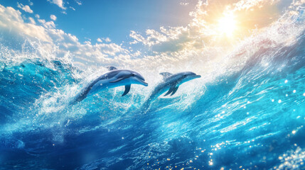 Naklejka premium Dolphins leaping through clear ocean waves under a bright sun, with the swimmer feeling the freedom and joy of connecting with nature on an unforgettable adventure.