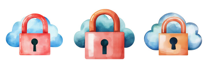 Colorful Watercolor Illustration of Cloud with Lock Symbols