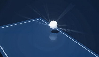 Ping pong ball in motion leaving a light trail on deep blue background, energy