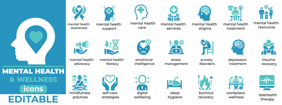 Mental Health and Wellness vector icons  mindfulness, self-care, therapy, stress management, mental health advocacy, and recovery.eps