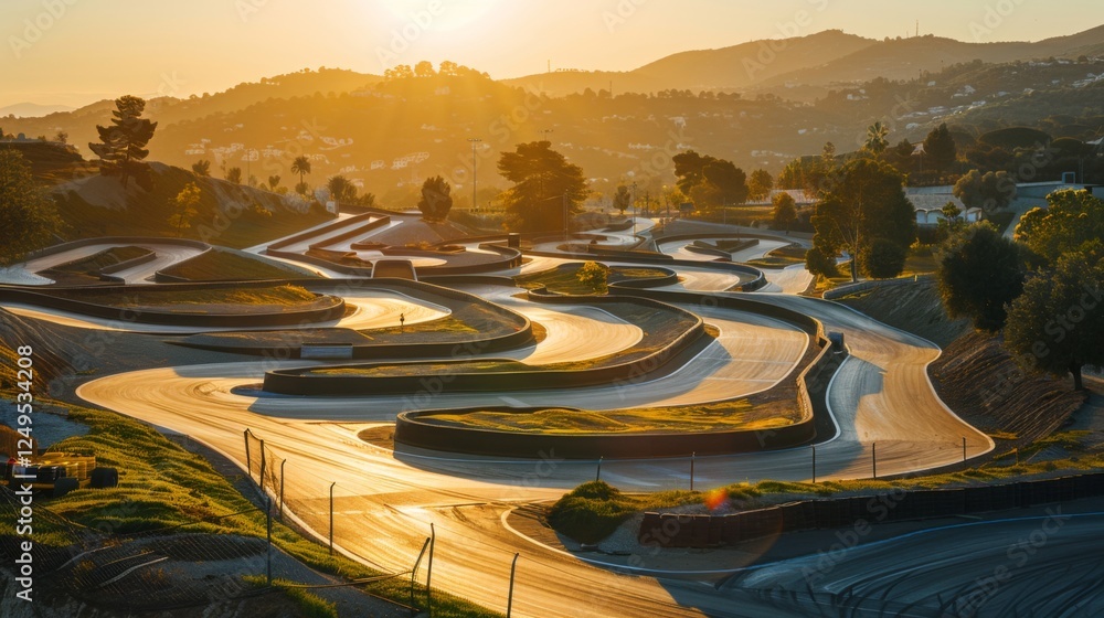 Aufkleber the warm glow of sunset illuminates a twisting race track nestled in hilly terrain. the intricate cu