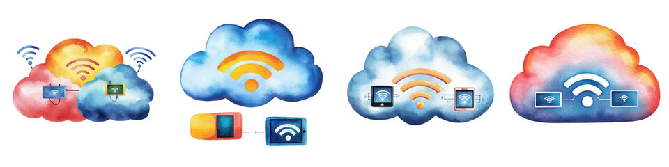 Colorful Cloud Technology and Wireless Connectivity Icons Set