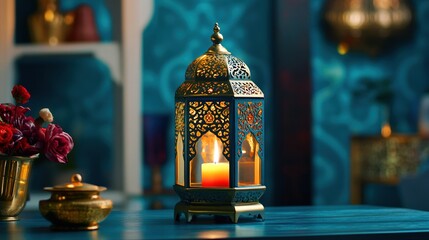 A beautifully ornate Arabic lantern glows with warm candlelight, creating a cozy and spiritual ambiance perfect for Ramadan
