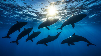 Fototapeta premium Whales gracefully gliding through the deep blue ocean, their silhouettes contrasted by the setting sun, with calm waters and glowing light reflecting off their massive bodies.