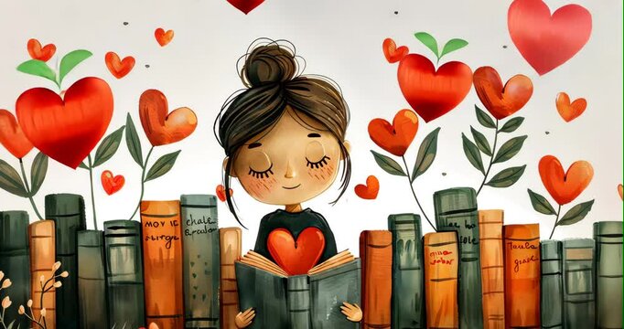 A librarian matches hearts through books in this whimsical flat design love illustration