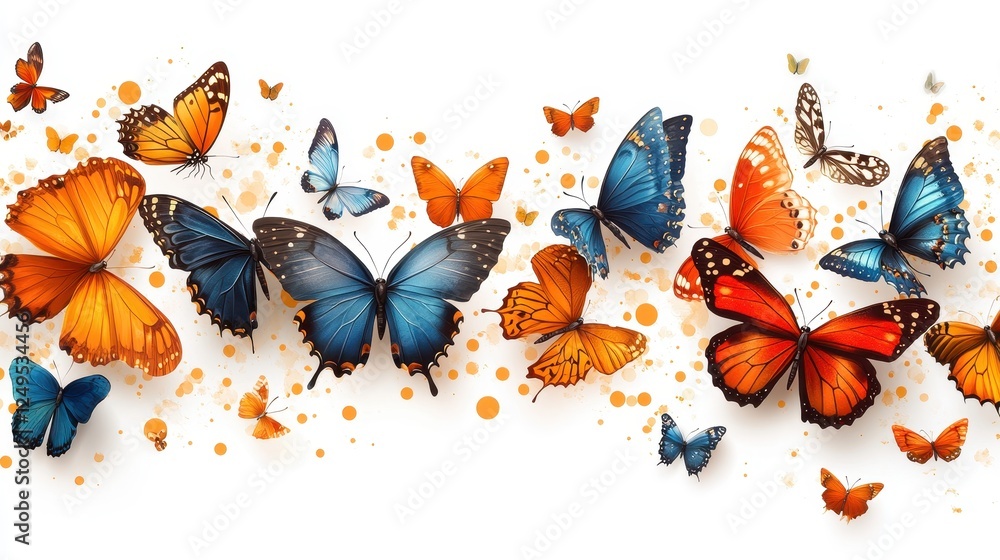 Poster a vibrant display of various butterflies in colorful patterns and arrangements.