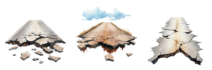 Cracked Road Sections Illustrating Damage and Disrepair in Landscape