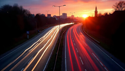 busy rush hour carriageway at sunset with dynamic traffic motion.