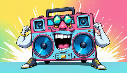 Energetic boombox mascot posing vibrantly against pastel backdrop, fun concept