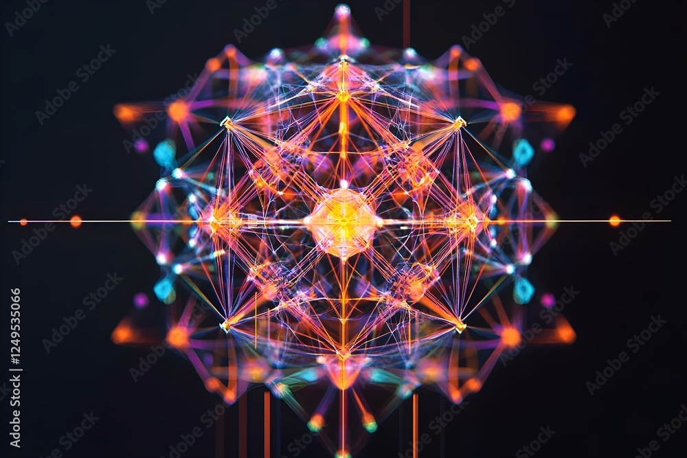 Poster a vibrant, abstract geometric design featuring interconnected nodes and lines, creating a 3d-like st