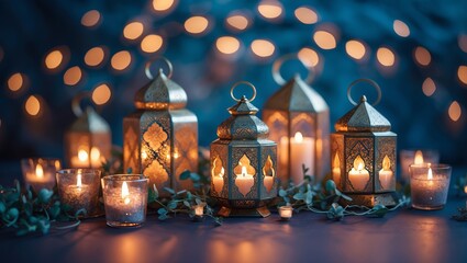 Obraz premium Beautifully designed lanterns illuminating a serene setting with warm candlelight and soft backgrounds