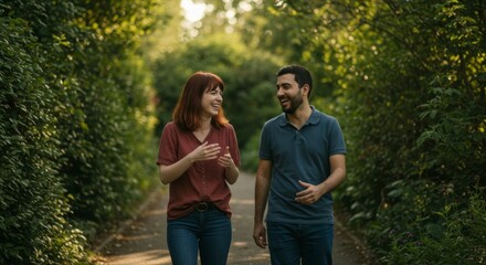 Fototapeta premium Couple enjoying a joyful walk on a serene path surrounded by lush greenery in a tranquil park