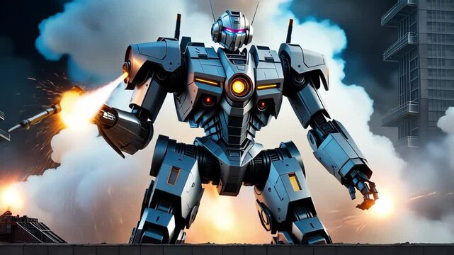 Futuristic battle robot with weapons in an urban landscape, action and combat scene