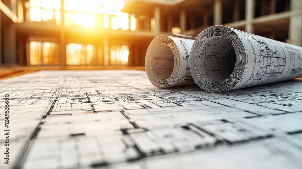 Poster architectural blueprints rolled on a table with a construction site backdrop.
