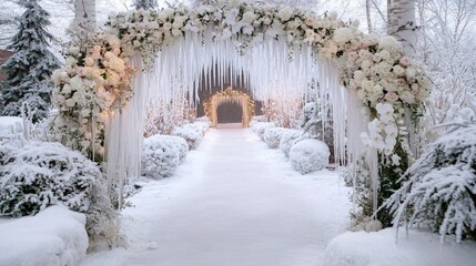 Winter Wedding Entrance Snow-Covered Pathway with Floral Archway
