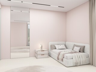A serene child's bedroom with soft pink walls, a cozy daybed, a plush rug, and a large mirror to add depth. The minimalist design creates a calming and inviting space