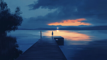 Calm person walking along an empty wooden pier at twilight, with dark blue and orange skies glowing above and soft reflections of the setting sun shimmering on the peaceful water.