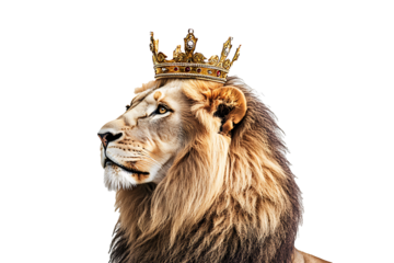 A majestic lion with a crown on its head isolated isolated on white background PNG.AI GENERATED