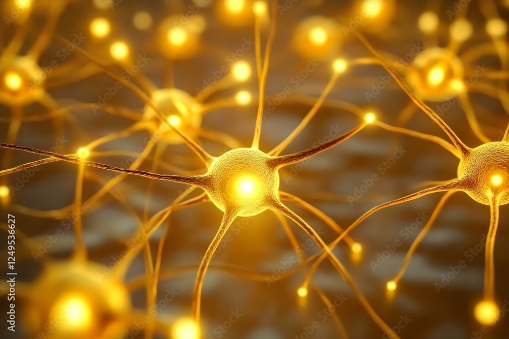 Poster a close-up of glowing neurons, illustrating the connections and signaling in a neural network. conce