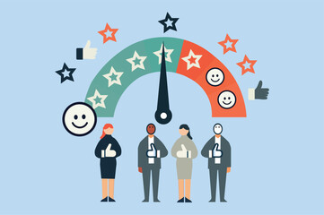 Employee motivation and recognition concept depicted with a satisfaction gauge, smiling faces, and a diverse group of businesspeople, highlighting workplace dedication and productivity.