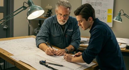 Fototapeta premium Two engineers collaborating on technical drawings in a well-lit office, showcasing teamwork and creativity
