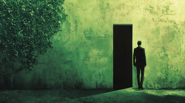 Man standing in doorway with natural green background, casual pose and relaxed atmosphere - Powered by Adobe