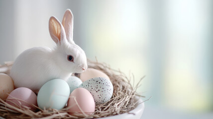 Delightful Easter scene featuring a white rabbit nestled among pastel-colored eggs, including speckled ones, in a natural twig nest. Soft, blurred background enhances the serene atmosphere