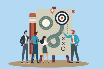 Minimalist Business Team Collaboration. Flat vector illustration of diverse professionals analyzing data and charts. Ideal for strategy, teamwork, and project planning concepts.