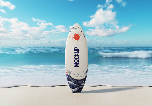 Surfboard Mockup on Tropical Beach &ndash; Realistic Oceanfront Scene Template for Summer Sports Branding, Surf School Promotion, or Coastal Lifestyle Presentation
