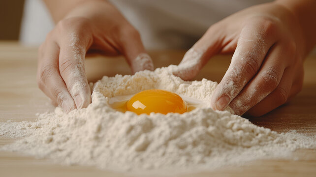 Hands skillfully shape a flour nest on a wooden surface, cradling vibrant egg yolks. The scene captures a minimalist culinary moment, highlighting the art of baking preparation
