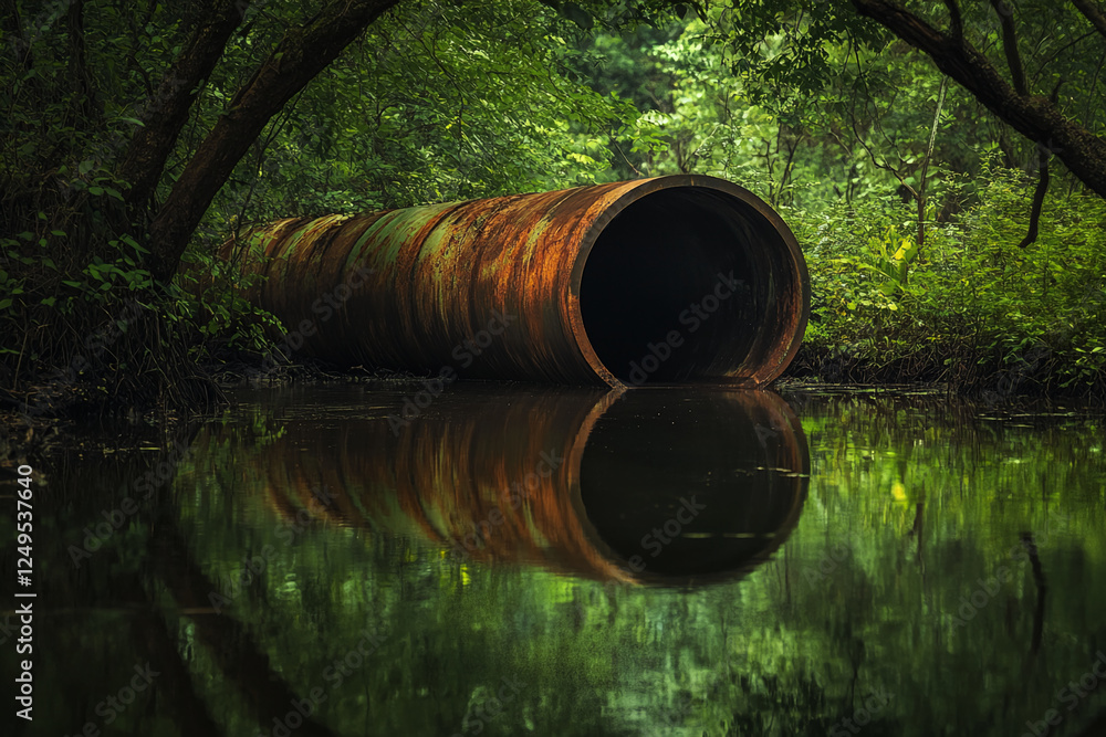 Aufkleber rusty abandoned pipeline over a calm reflective water surface surrounded by lush green foliage in a 