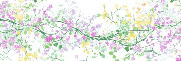 Fototapeta premium Colorful floral vine watercolor illustration with pink, purple, yellow flowers